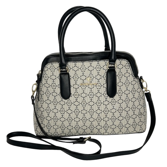 Nanette Lepore Gray Black Logo Print Zip Top Dome Satchel Crossbody Bag - Picture 5 of 13
